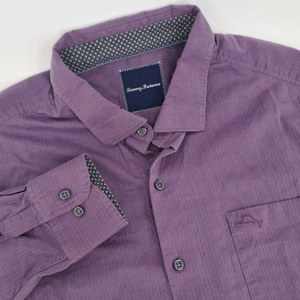 Tommy Bahama Mens Purple Herringbone Pima Cotton Button Down Shirt Large